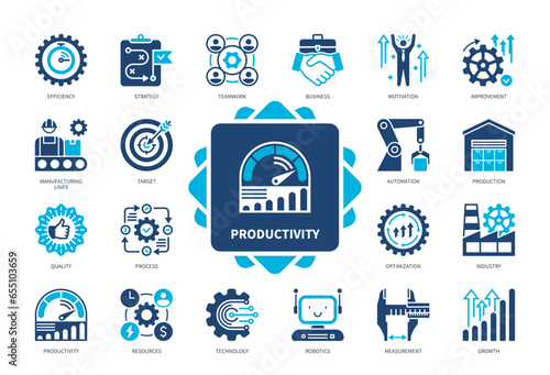 Productivity icon set. Efficiency, Strategy, Business, Technology, Growth, Automation, Manufacturing Quality, Improvement. Duotone color solid icons