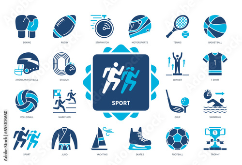 Sport icon set. Boxing, Motorsports, American Football, Stadium, Yachting, Golf, Swimming, Winner. Duotone color solid icons