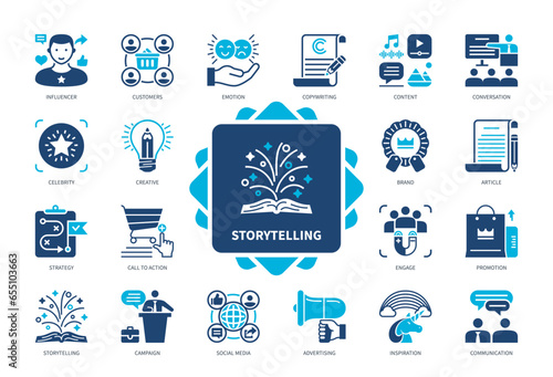 Storytelling icon set. Influencer, Customers, Communication, Social Media, Creative, Advertising, Article, Promotion. Duotone color solid icons
