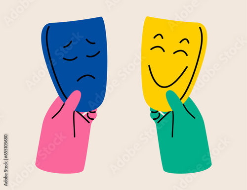 Two hands holds happy and sad masks. Bipolar and duality, psychology, mood swings concept. Colorful vector illustration