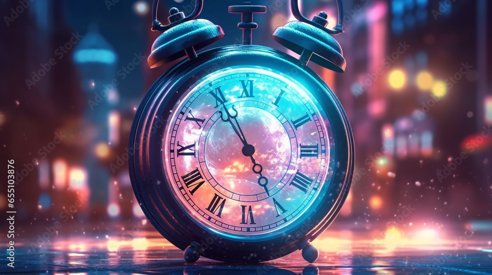 Time concept with vintage clock. Close up of clock face. Time concept. 3d illustration of clock face in neon light. Time concept.

