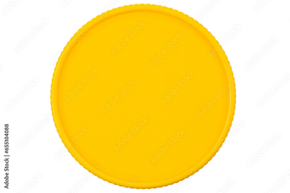 Top view of yellow plastic lid isolated on white background. Plastic round jar lid.