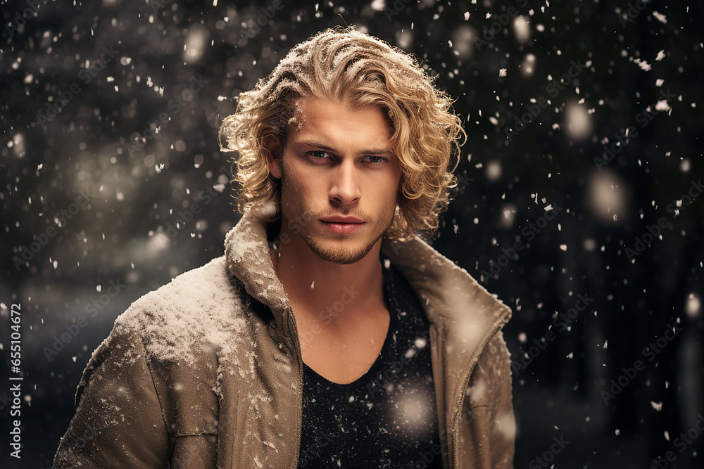 portrait of handsome smiling man standing under the snowing portrait of handsome smiling man standing under the snowing