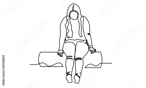 Continuous line drawings of a young woman's sad emotional shock, loss, grief, life problems, confusion messy feelings worried about bad mental health. The concept of failure and heartbreak is isolated