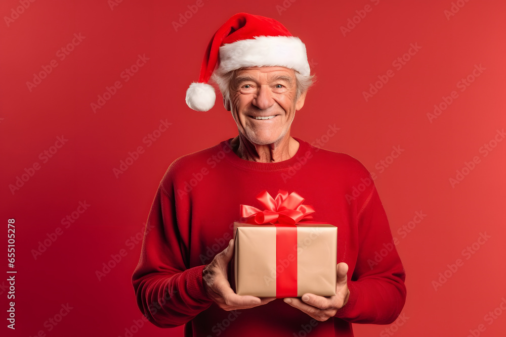 Portrait of a happy senior man in Santa hat holding a gift box on a red background Portrait of a happy senior man in Santa hat holding a gift box on a red background