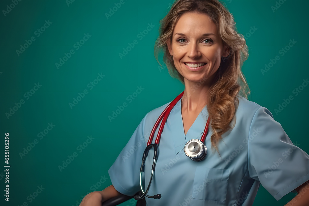 Portrait of a smiling female doctor with stethoscope on green background
Portrait of a smiling female doctor with stethoscope on green background