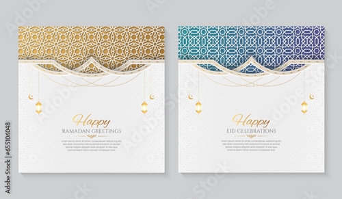 Ramadan and Eid White Luxury Ornamental Greeting Cards with Islamic Pattern and Decorative Ornament Frame