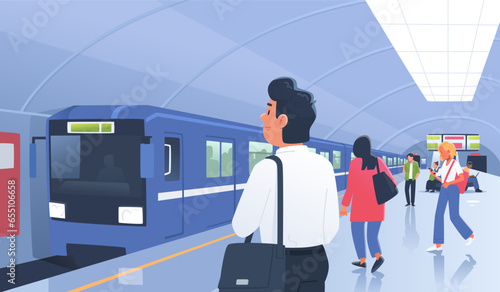 Metro. Train arriving at a underground station and passengers waiting on the platform. People on the subway