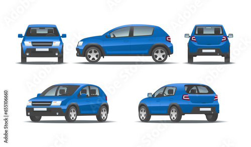 Blue city car in different types on a white background. Family hatchback