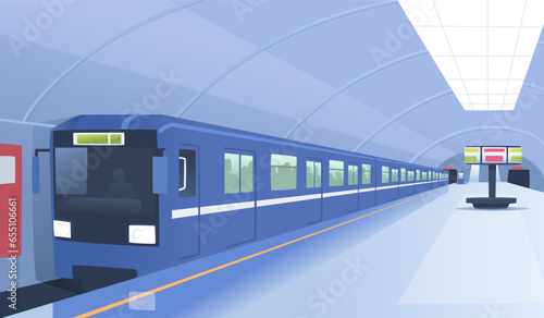 Underground train arrived at an empty metro station. Subway interior. Railway urban transport