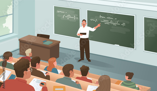 Teacher gives a lecture to students in a university auditorium. Science education and learning concept