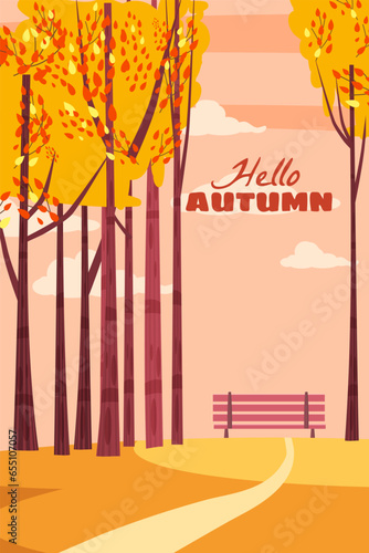 Hello Autumn landscape poster, fall trees with yellow leaves, lonely bench