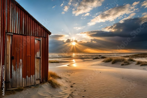 beach huts at sunset  Generated Ai