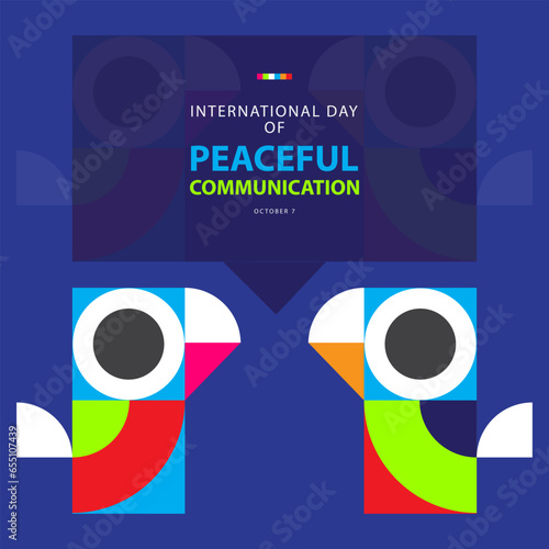 International Day Of Peaceful Communication on october 7, with concept two bird is communicating colorful abstract, message box silhouette vector illustration and text isolated on blue background.