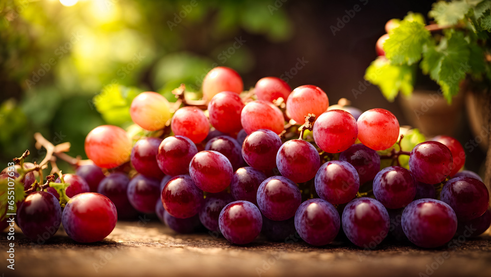 Delicious bunch of grapes on an old wooden table at sunset Delicious bunch of grapes on an old wooden table at sunset