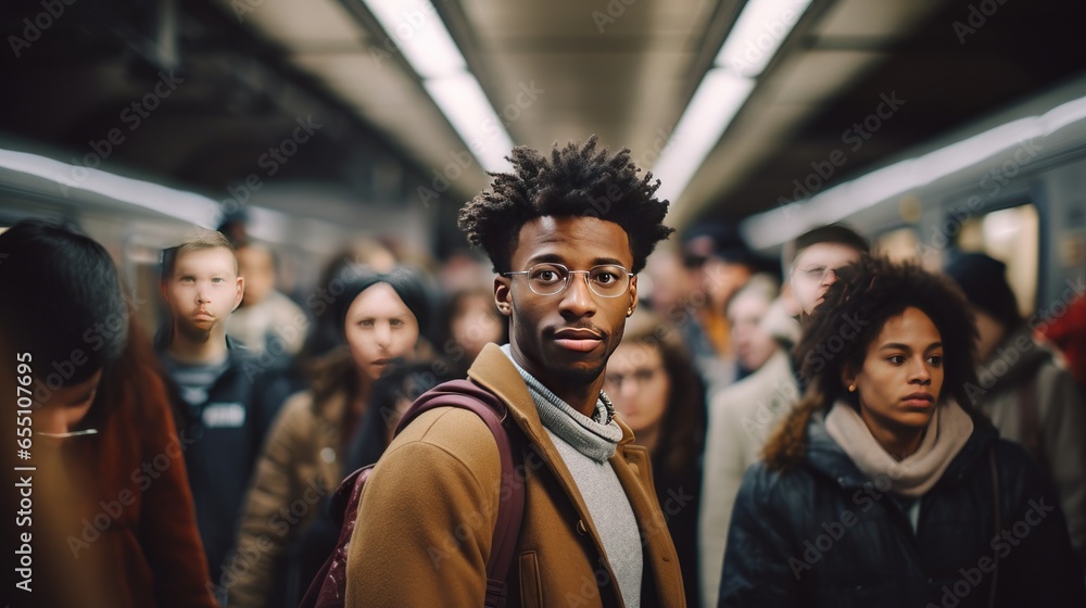 Large group of people standing on the street focusing on a young black man looking at the camera, generative AI - obrazy, fototapety, plakaty 