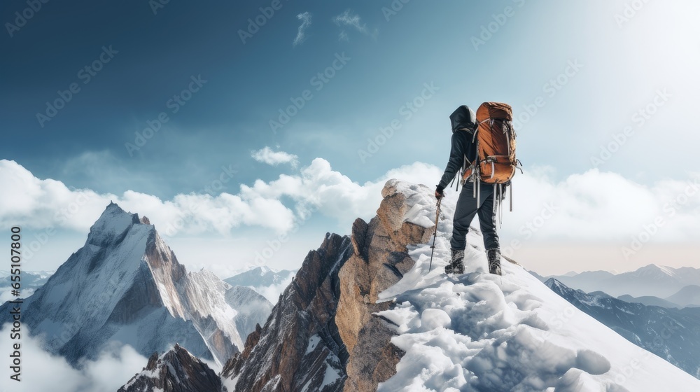 Young man with backpack hiking mountains. Generative AI