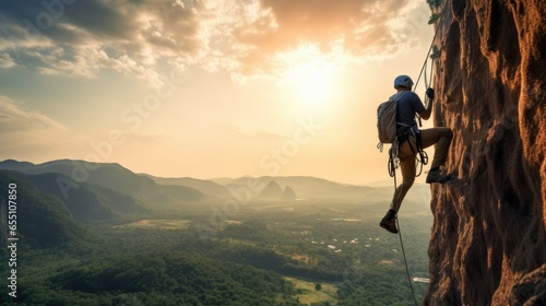 Rock climber rappelling. Extreme sports. Generative AI