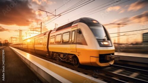 Electric passenger train runs at high speed. Transport. Generative AI