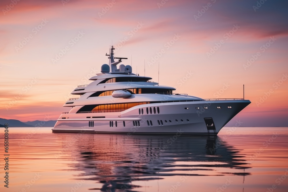 Luxurious yacht in open seas summer luxury boat private vessel business cruise holiday lifestyle sunset ocean expensive rent marine relaxation waves modern ship freedom nautical journey adventure - obrazy, fototapety, plakaty 