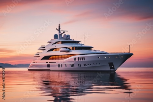 Luxurious yacht in open seas summer luxury boat private vessel business cruise holiday lifestyle sunset ocean expensive rent marine relaxation waves modern ship freedom nautical journey adventure © Yuliia