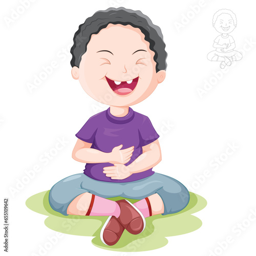 Curly hair young boy laughing cartoon with live outline