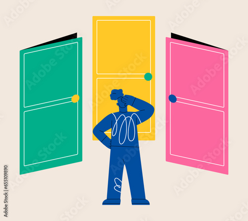 Woman chooses doors. Concept of choice and problem solving. Flat vector illustration isolated on white background