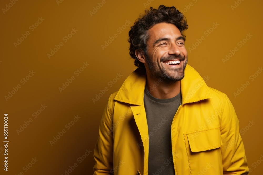 Fototapeta premium Portrait of smiling confident male entrepreneur posing on yellow background. Cheerful adult with beard, smiling, looking at camera on yellow backdrop.