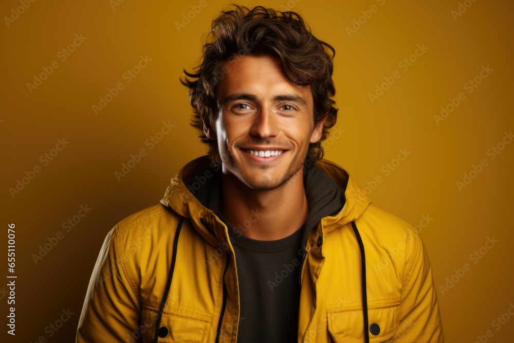 Portrait of smiling confident male entrepreneur posing on yellow background. Cheerful adult with beard, smiling, looking at camera on yellow backdrop. Portrait of smiling confident male entrepreneur posing on yellow background. Cheerful adult with beard, smiling, looking at camera on yellow backdrop.