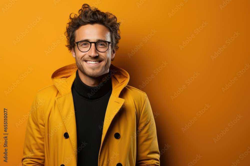 Portrait of smiling confident male entrepreneur posing on yellow background. Cheerful adult with beard, smiling, looking at camera on yellow backdrop. Portrait of smiling confident male entrepreneur posing on yellow background. Cheerful adult with beard, smiling, looking at camera on yellow backdrop.
