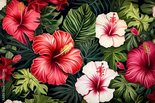 Pattern of hibiscus and dense greenery  ideal for tropical settings. Generative AI