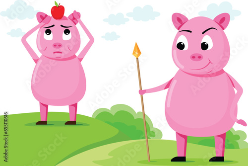 Naughty pig is trying to bullying poor pig. Story of two piggy friends