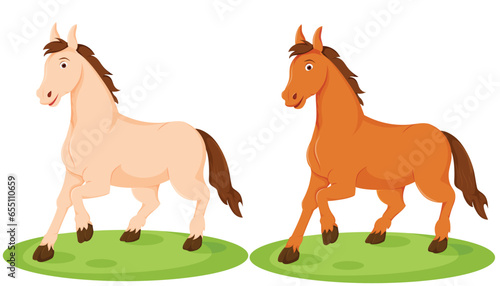 Two Happy horses in running pose with different color cartoon pets
