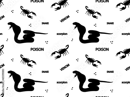 Seamless black and white pattern with venomous snake, cobra, scorpion and words - poison, venom