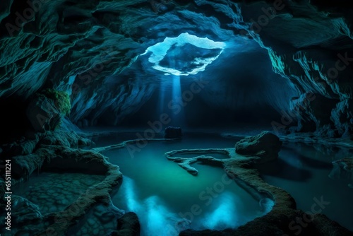 Generate an image of a remote, bioluminescent cave pool, where the water glows with an otherworldly radiance. Highlight the mysterious and enchanting atmosphere