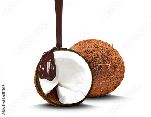 dripping chocolate on coconuts isolated on white background