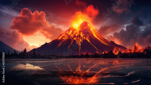 Fiery Volcano Eruption at Sunset Reflecting on Water