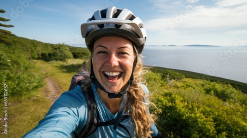 A female Cyclist's Selfie in Serene Scenery