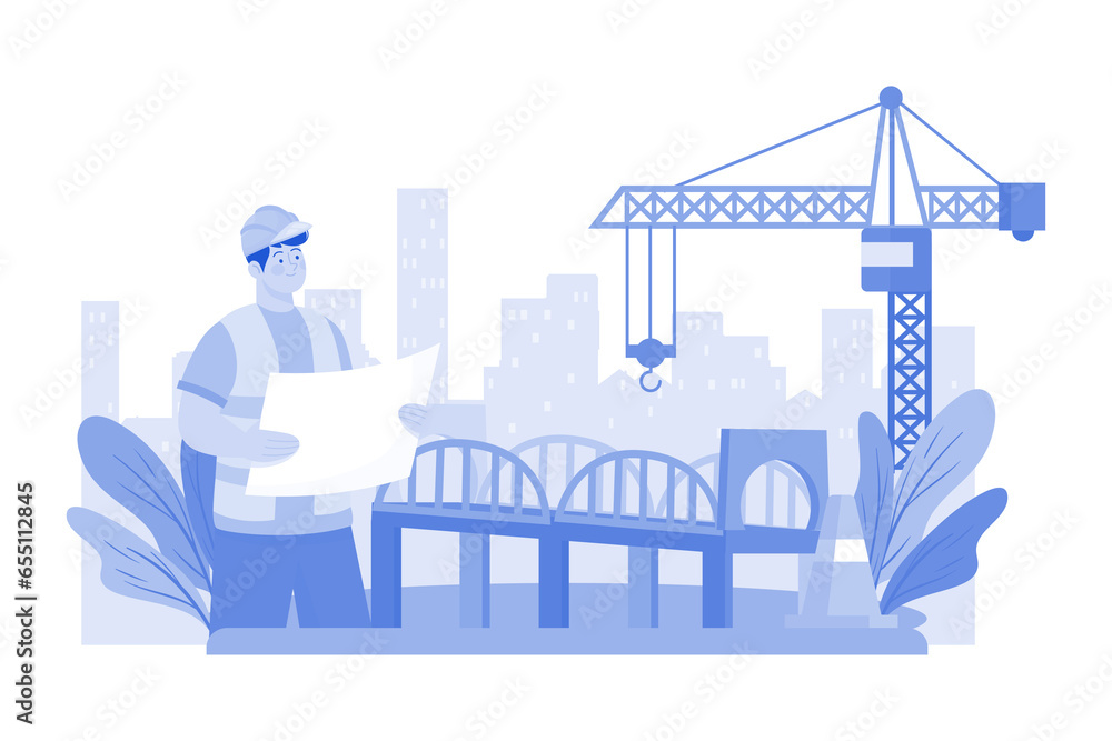 Naklejka premium Contractor oversees bridge construction over river.