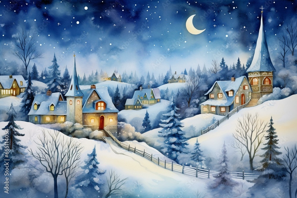 Naklejka premium A charming watercolor illustration depicting a magical winter landscape with a cute village on a hill. Generative AI