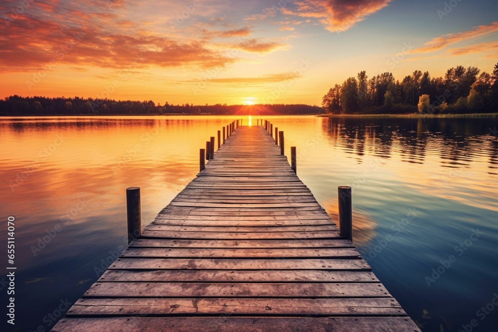 Beautiful view of the sun setting over a wooden pier extending into a calm lake. Generative AI