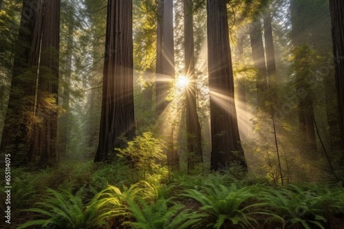 A picturesque view of sunlight shining through majestic redwood trees during the morning. Generative AI