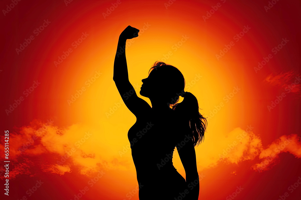woman raising fist into sky as female empowerment, feminism and women's rights concept - obrazy, fototapety, plakaty 