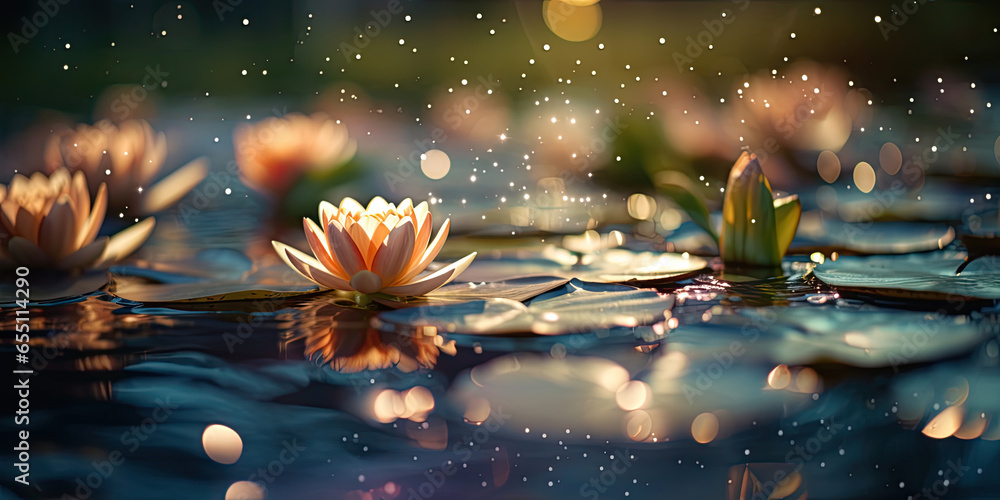 Waterlilies and Bokeh Lights on a Tranquil Pond at Dusk Waterlilies and Bokeh Lights on a Tranquil Pond at Dusk