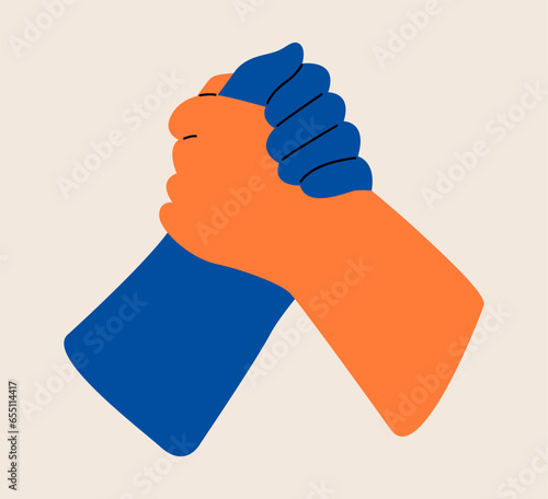 Two hand join strongly each other. Colorful vector illustration