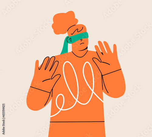 Female with blindfolded eyes trying to find the way out. Colorful vector illustration