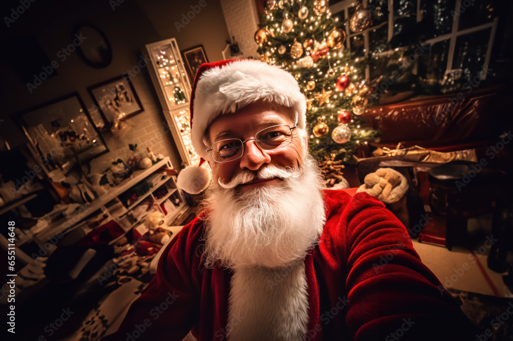 Santa take a selfie while delivering gifts on Christmas created with Generative AI technology Santa take a selfie while delivering gifts on Christmas created with Generative AI technology