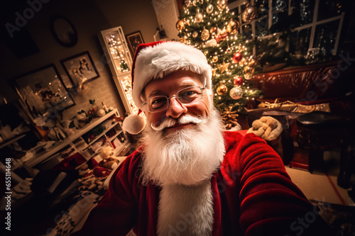 Santa take a selfie while delivering gifts on Christmas created with Generative AI technology