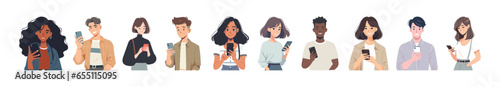 Characters holding smartphones. People use mobile phones, chat, surf the internet. Flat vector illustrations isolated on white background.