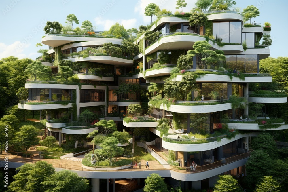 Contemporary urban flats with abundant foliage and greenery. Generative AI